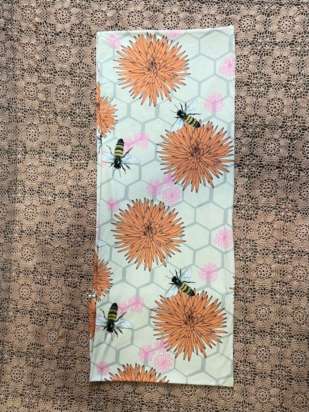 Floral & Bee Print Scarf - Orange, Yellow, Pink on Cream with Grey Hexagons